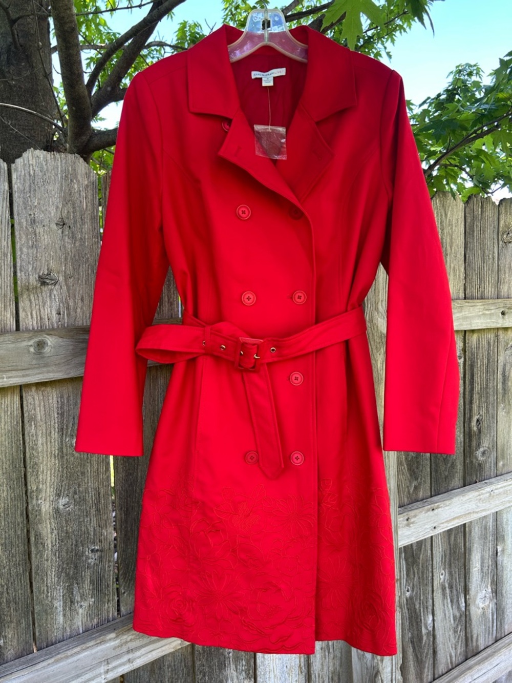 Isaac Mizrahi Live! Red Tailored Trench Coat Women’s 8 Floral Embroidered NWOT